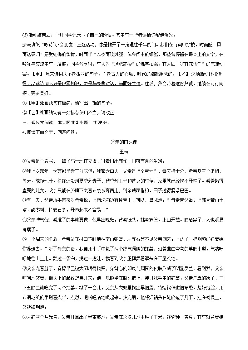 2025-2026学年安徽省无为三中九年级（上）月考语文试卷（9月份）-自定义类型第3页