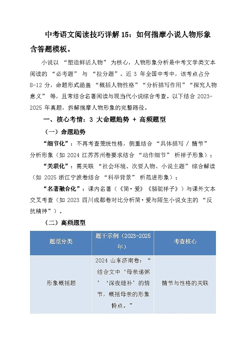 2026年中考语文阅读技巧详解15：如何揣摩小说人物形象含答题模板学案第1页