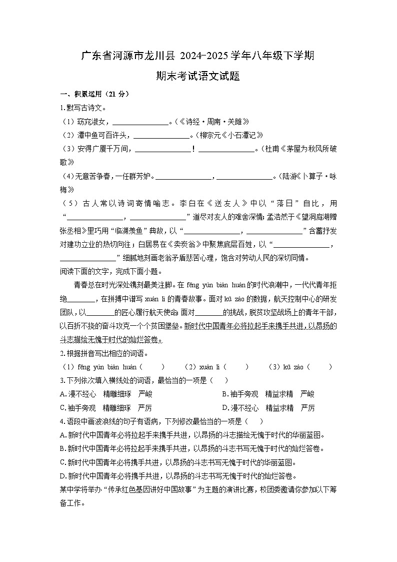 广东省河源市龙川县2024-2025学年八年级下学期期末考试语文试卷（学生版）第1页