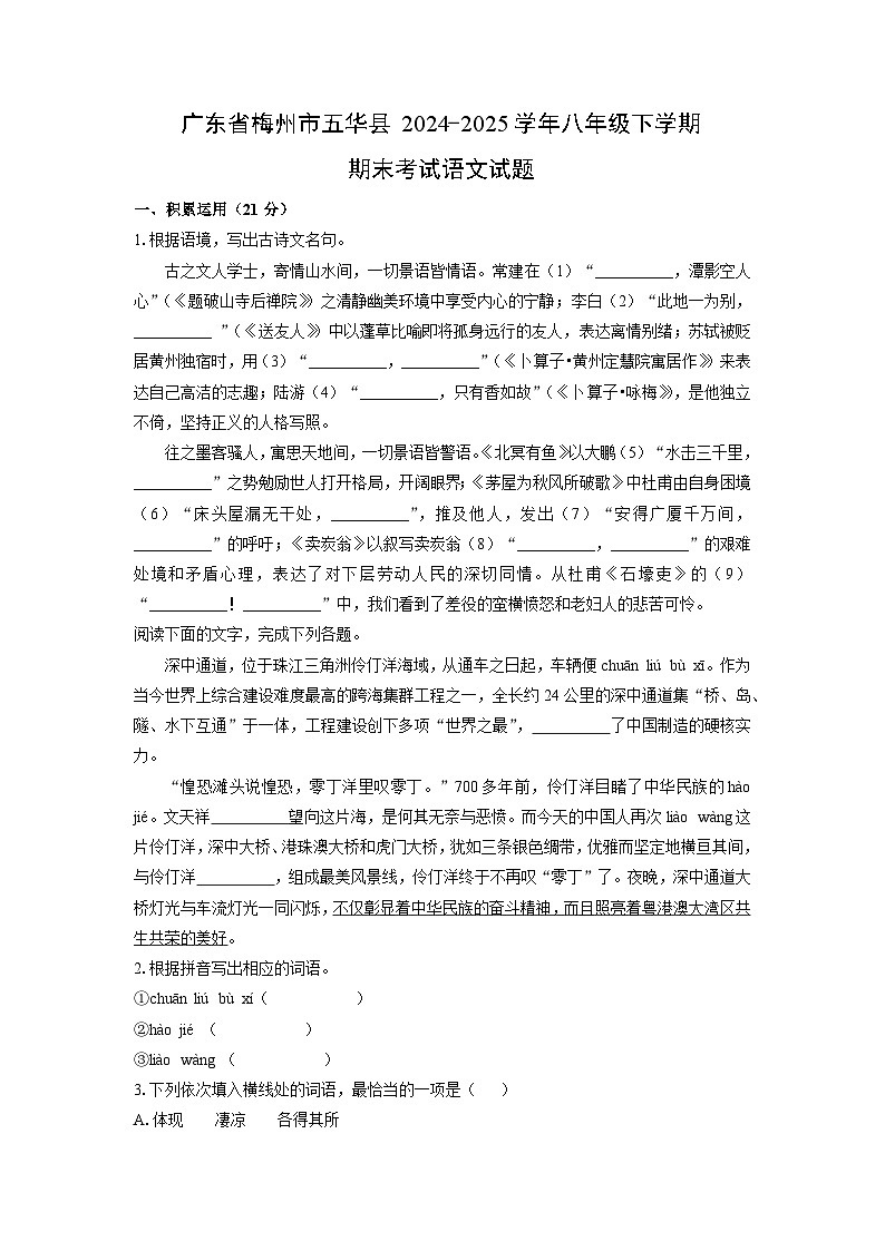 广东省梅州市五华县2024-2025学年八年级下学期期末考试语文试卷（学生版）第1页