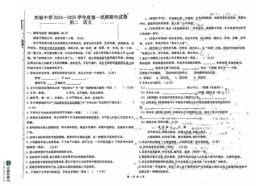 黑龙江省绥化市实验中学校2024-2025学年八年级上学期期中语文试卷第1页
