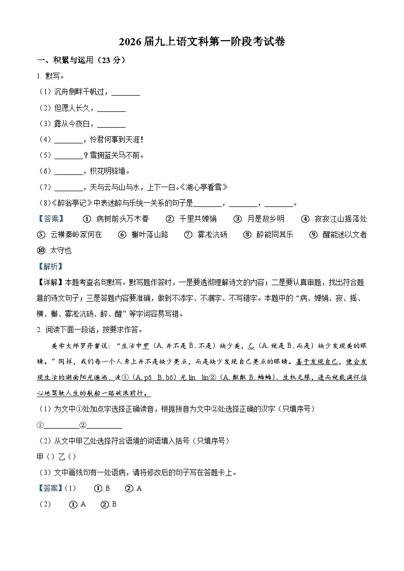 福建省泉州南安实验中学2025-2026学年九年级上学期第一次月考语文试题（含答案）（解析版）第1页