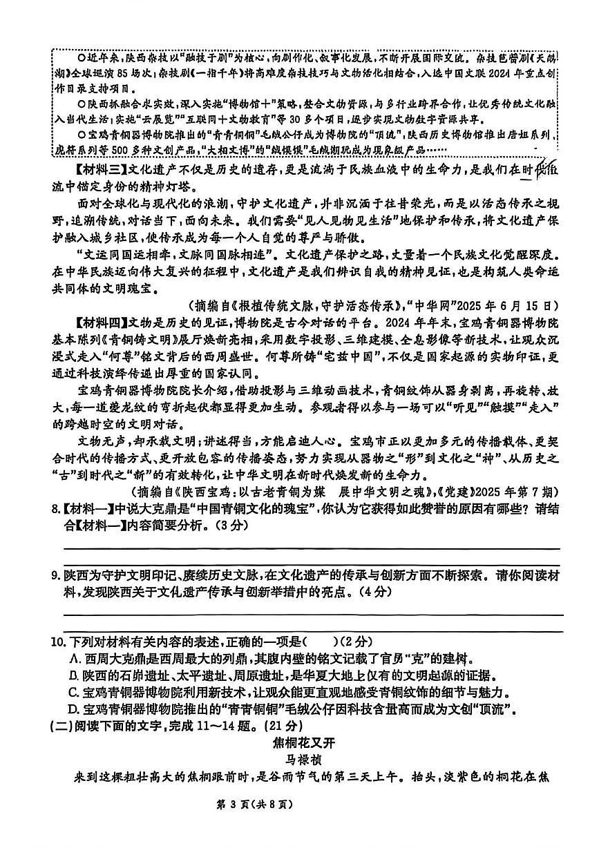 陕西省西安市西咸新区2025-2026学年九年级上学期第一次月考语文试题第3页
