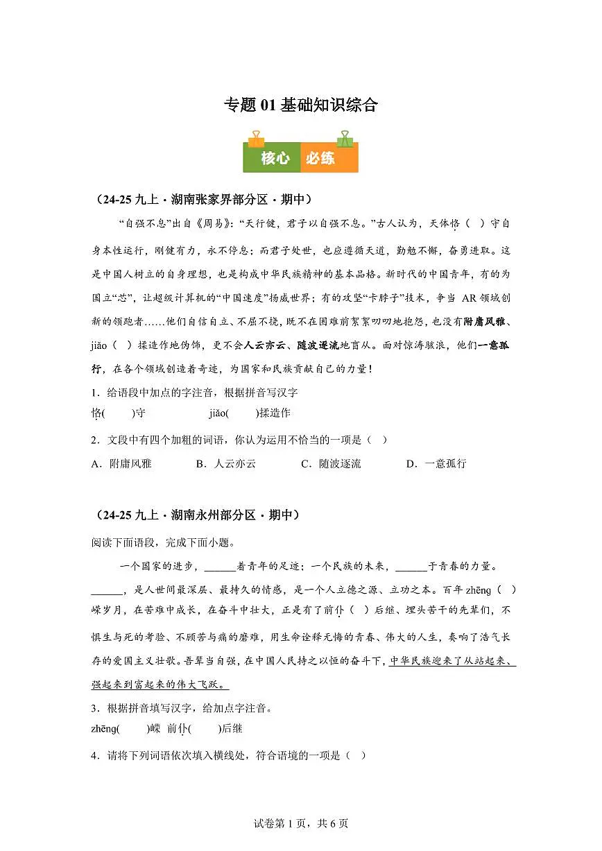 专题01基础知识综合（期中真题专题练习 湖南专用）九年级语文上学期【附答案】第1页