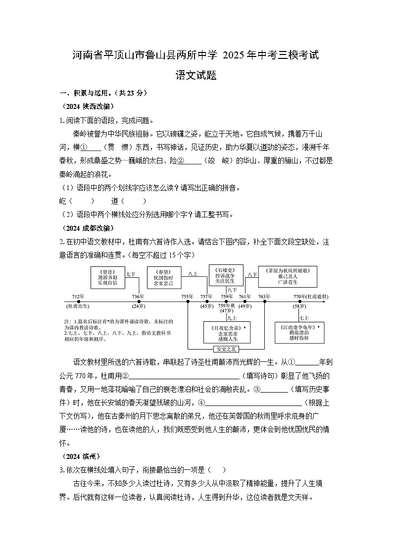 河南省平顶山市鲁山县两所中学2025年中考三模考试语文试卷（学生版）第1页