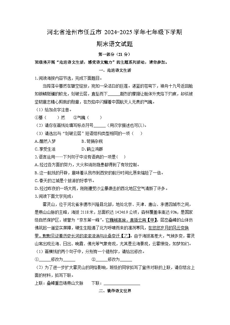 河北省沧州市任丘市2024-2025学年七年级下学期期末语文试卷（学生版）第1页