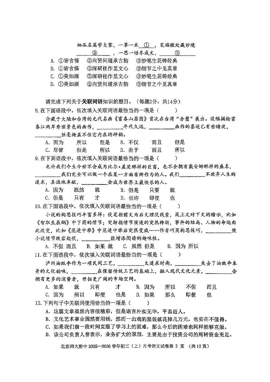 2025北京北师大附中初三上10月月考语文试卷（教师版）第3页