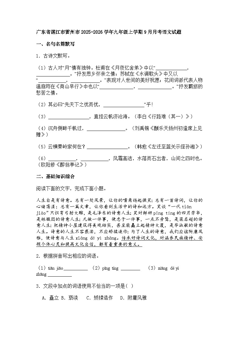 广东省湛江市雷州市2025-2026学年九年级上学期9月月考语文试题（含答案）第1页