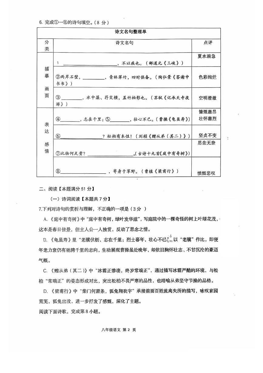 山东省青岛市胶州市阜安中学2025-2026学年八年级上学期10月月考语文试题第2页