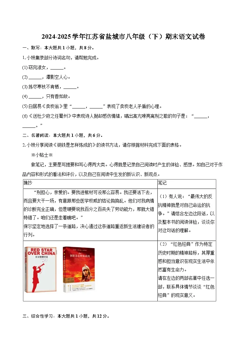 2024-2025学年江苏省盐城市八年级（下）期末语文试卷(含详细答案解析)第1页