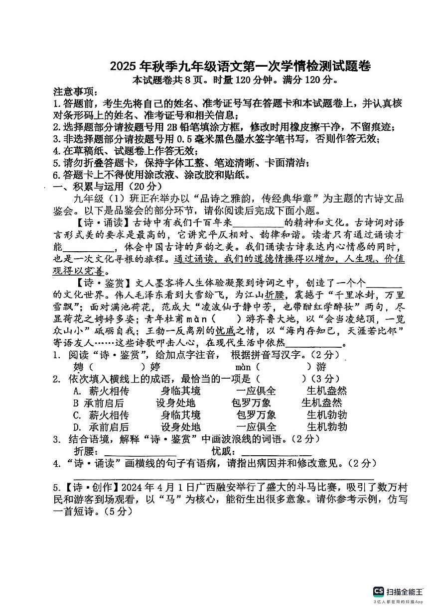 湖南省郴州市桂阳县2025-2026学年九年级上学期10月月考语文试题第1页
