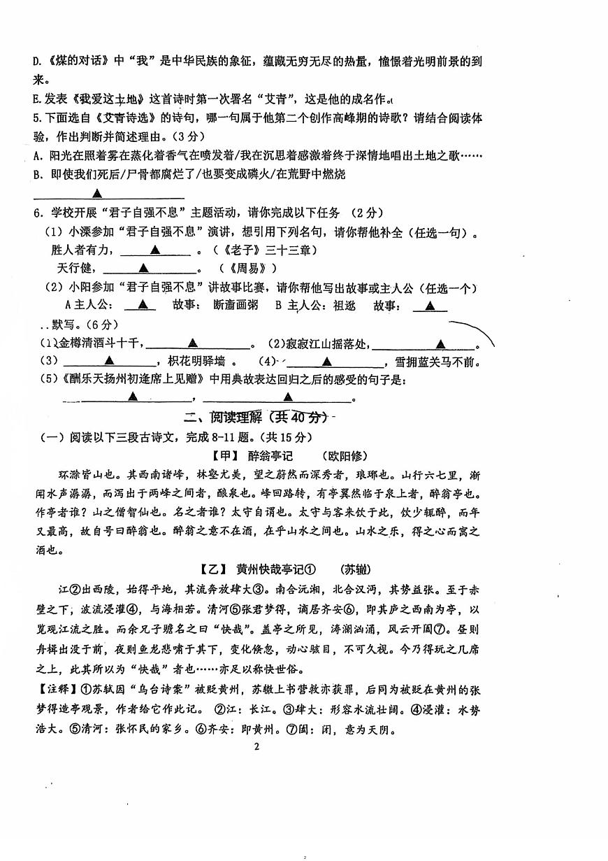 江苏省溧阳市实验初级中学2025-2026学年九年级上学期10月月考语文试题第2页