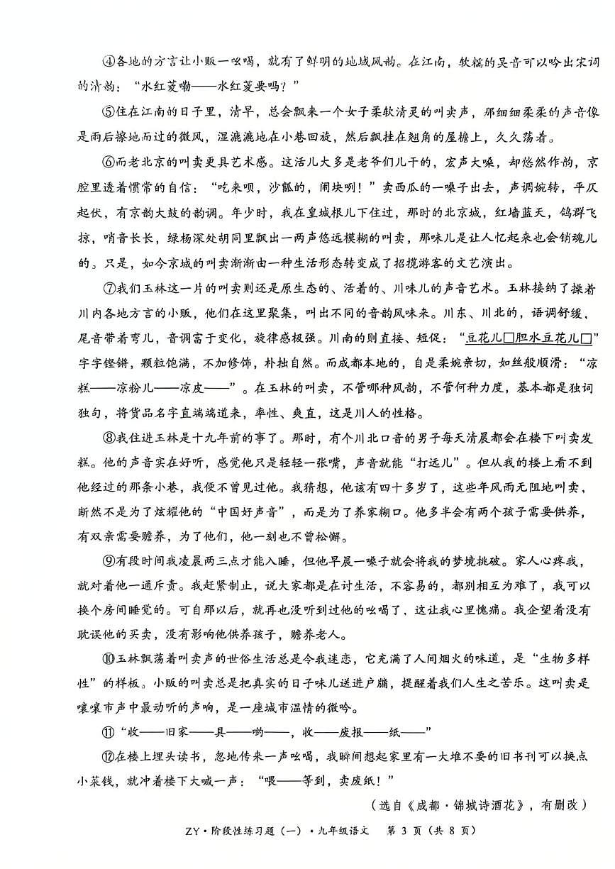 贵州省遵义市红花岗区2025-2026学年九年级上学期10月月考语文试题第3页