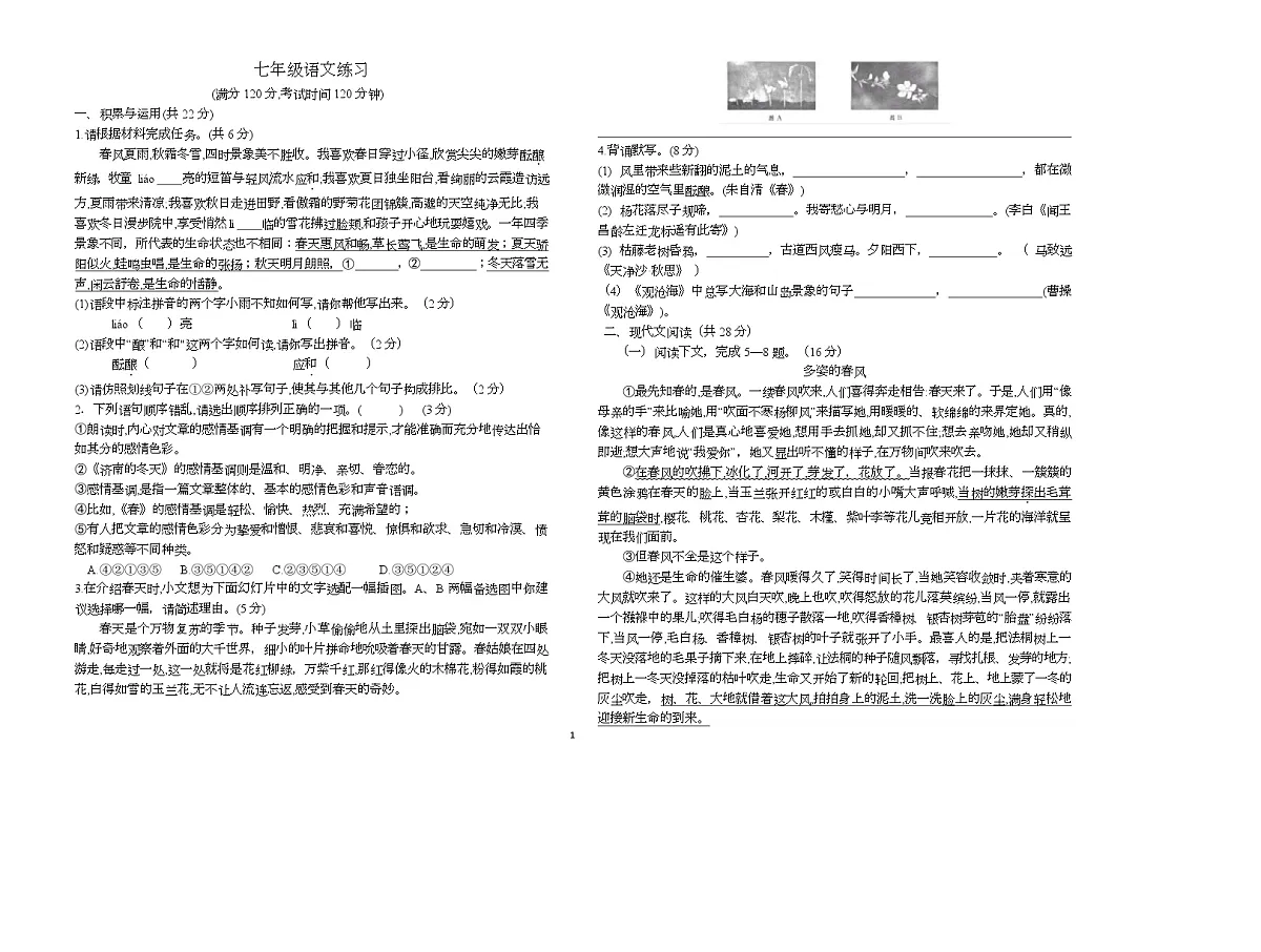河南省驻马店市第四中学2025-2026学年七年级上学期10月月考语文试题第1页