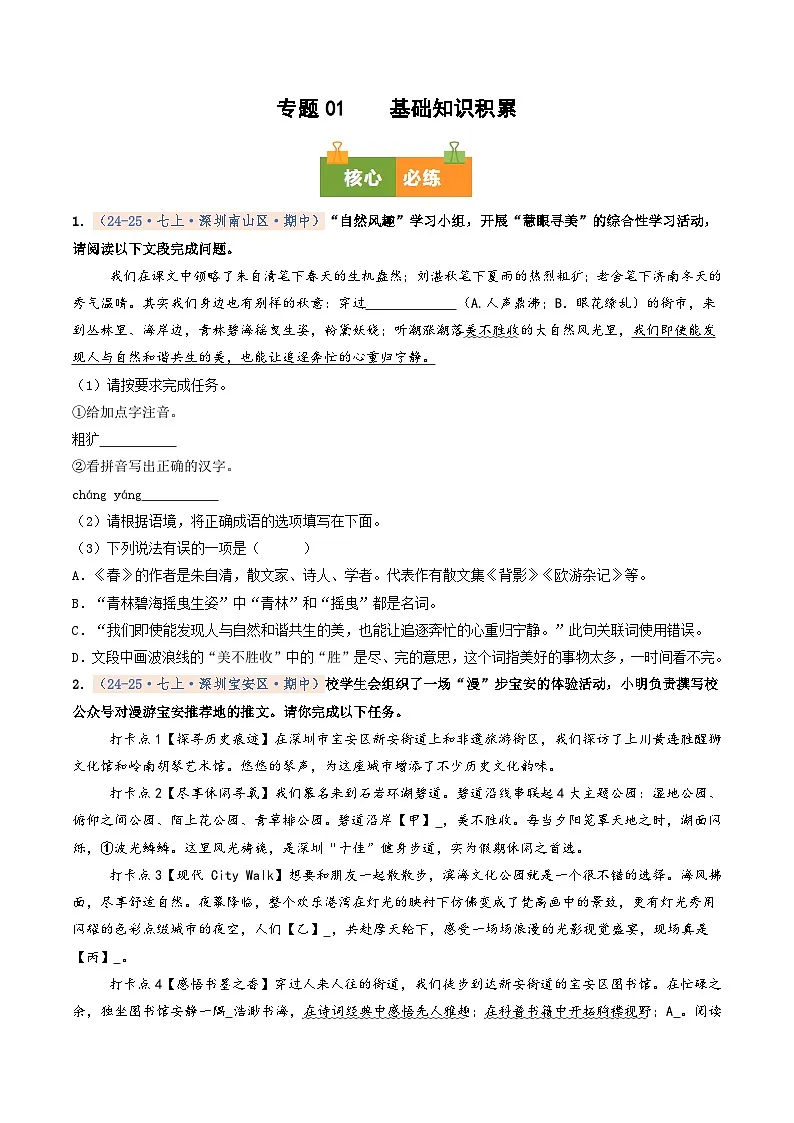 专题01 基础知识积累（期中真题汇编，深圳专用）（原卷版）第1页
