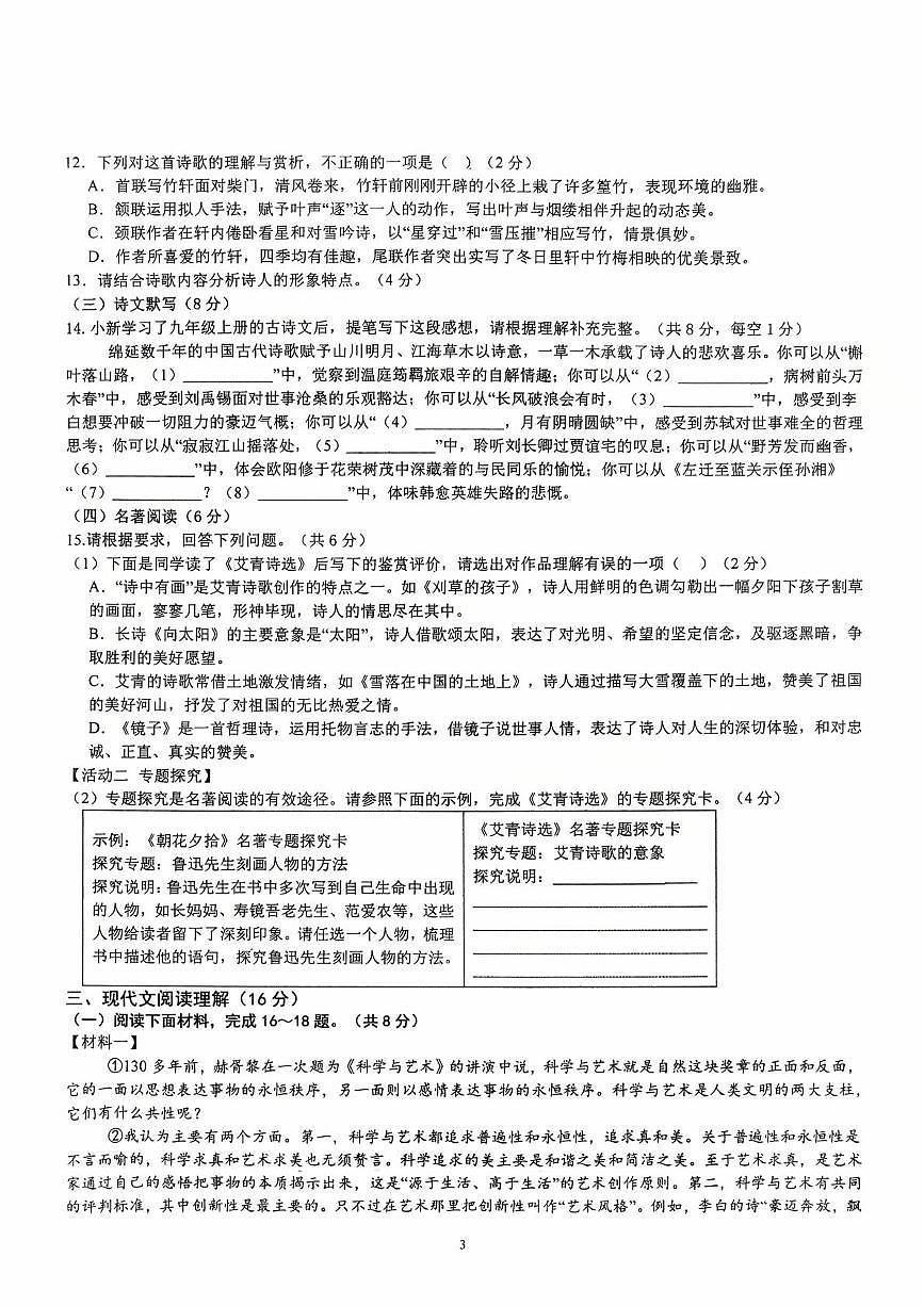 山东省临沂第十二中学、第三十四中学2025—2026学年九年级上学期10月月考语文试题第3页