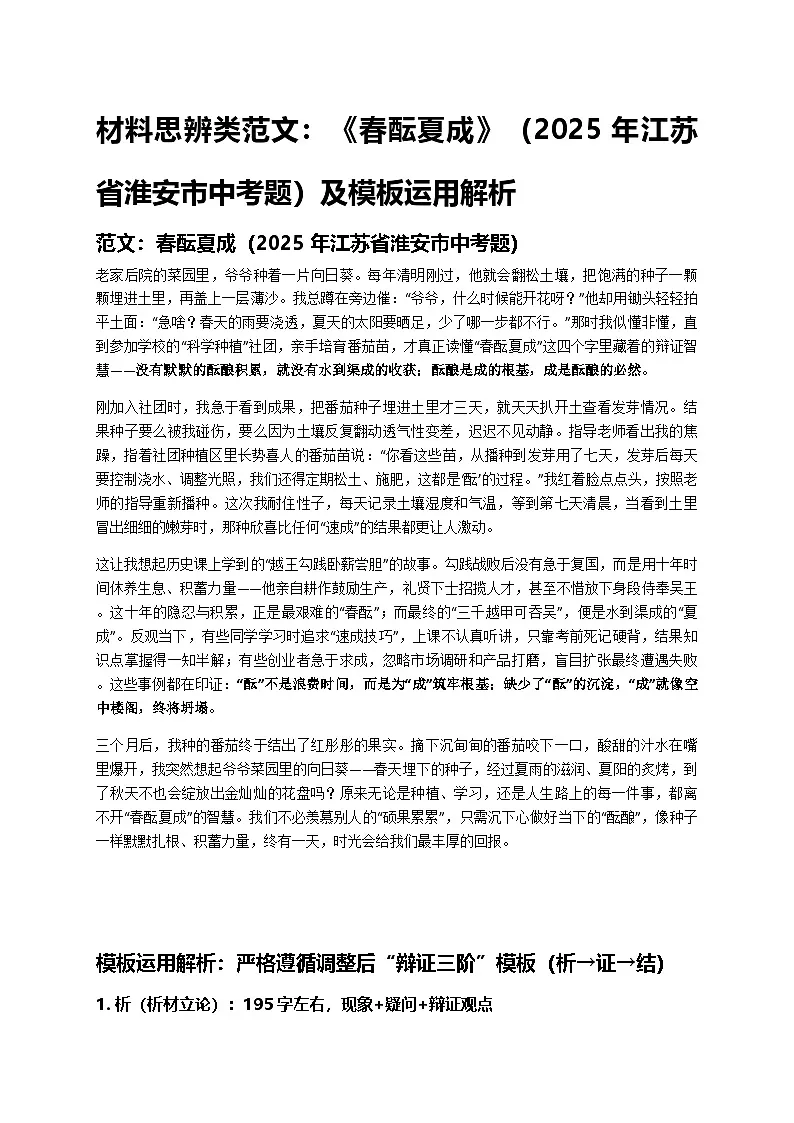 2025年中考语文作文材料思辨类作文模板运用示例教案第1页