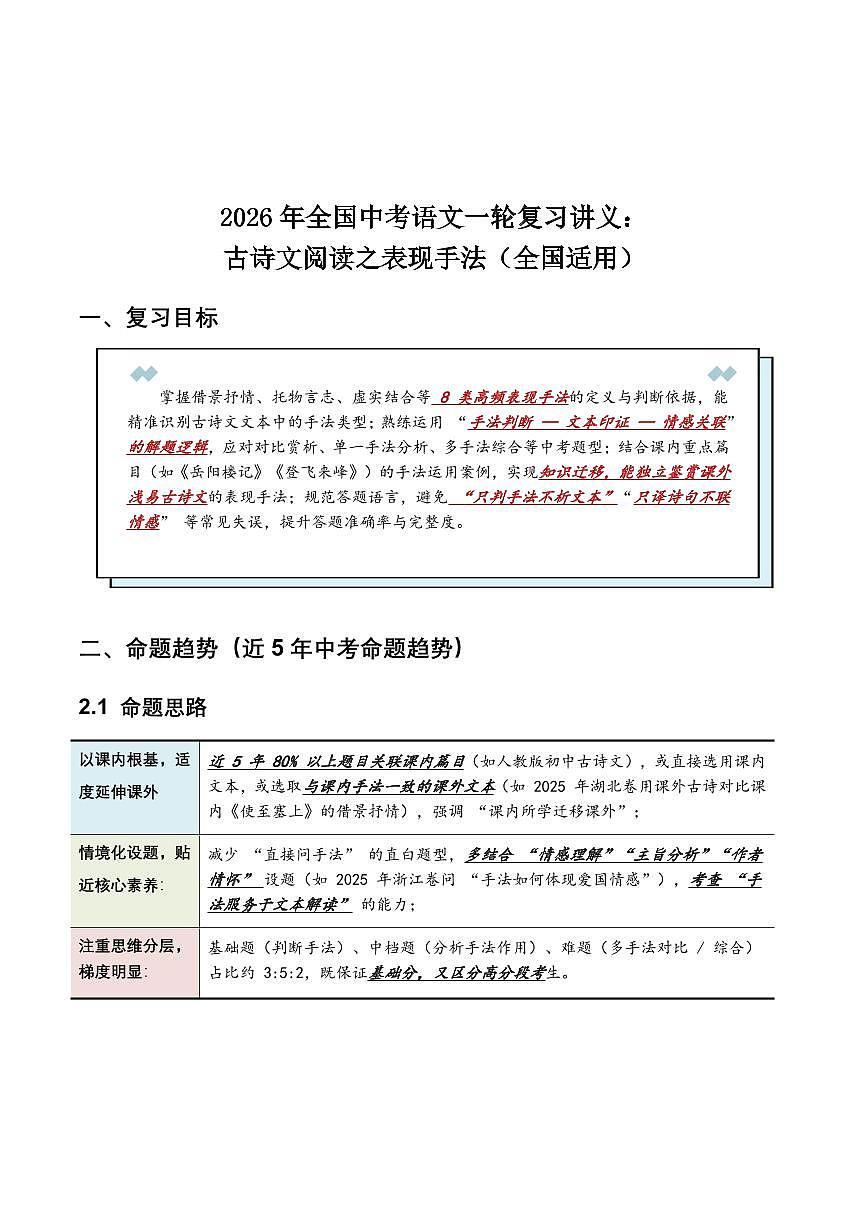 古诗文阅读之表现手法(全国适用)(含答案解析)第1页