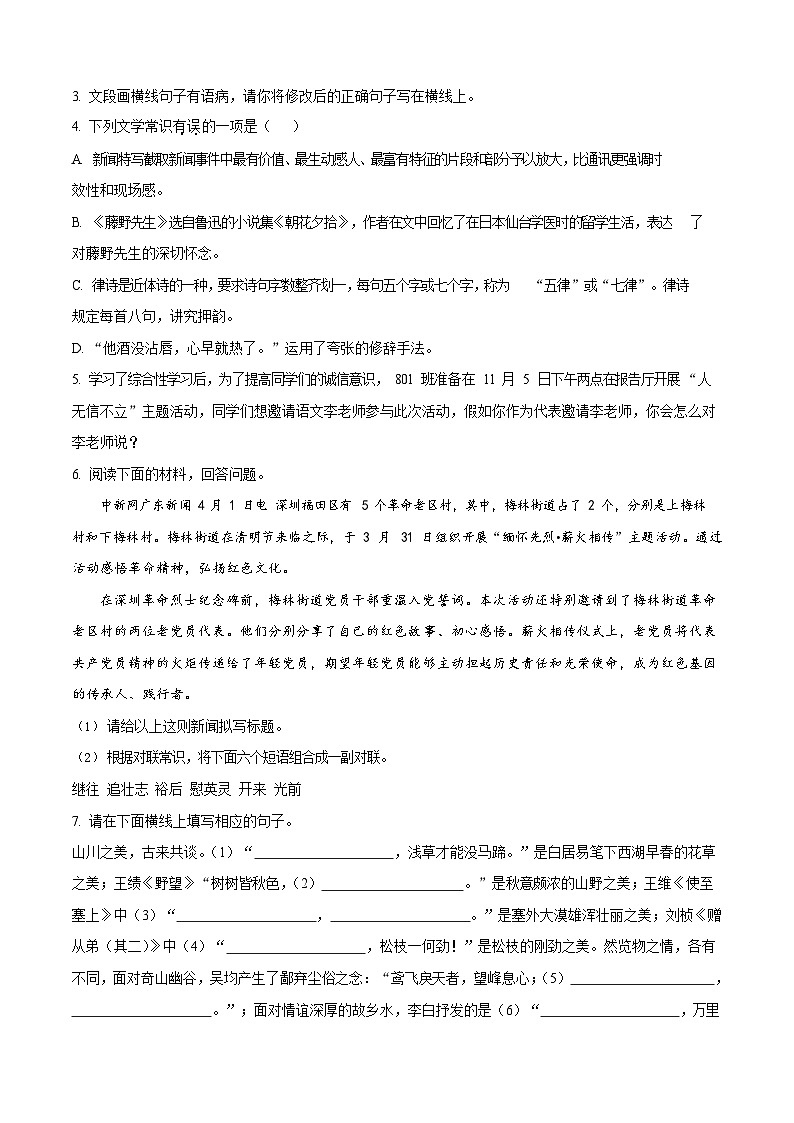 广东省华南师范大学附属中学集团校联考2024-2025学年八年级上学期期中语文试题（含答案）第2页
