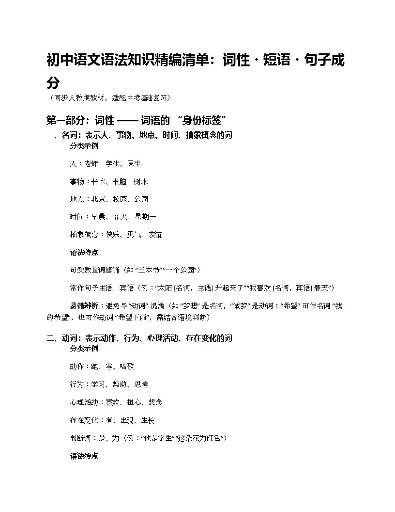 初中语文语法知识精编清单（词性、短语、句子成分练习）第1页