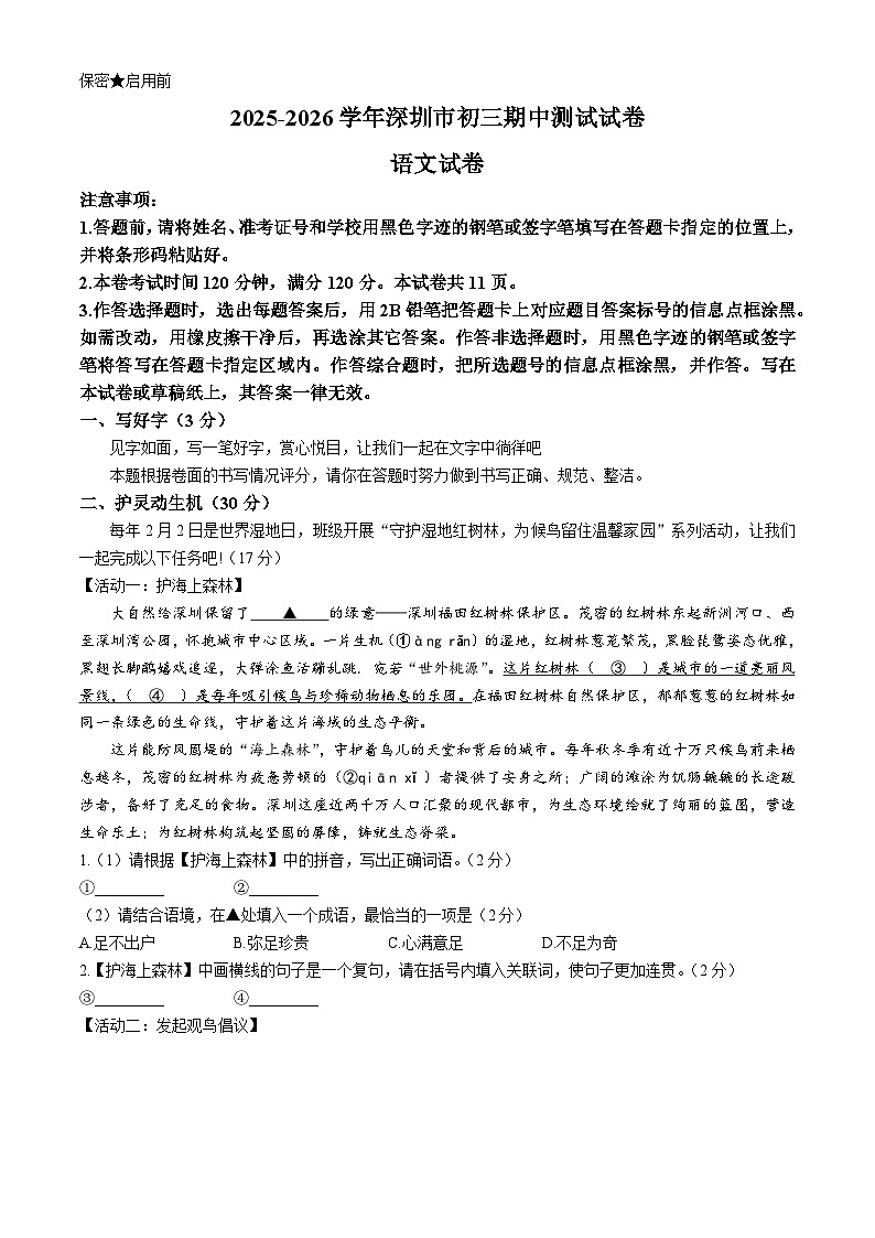 广东省深圳市多校联考2025-2026学年九年级上学期期中语文试题第1页