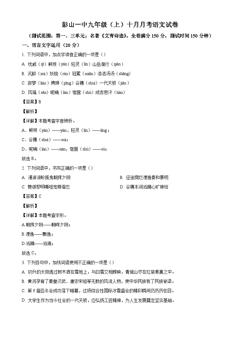 四川省眉山市彭山区第一中学2025-2026学年九年级上学期10月月考语文试题（含答案）第1页