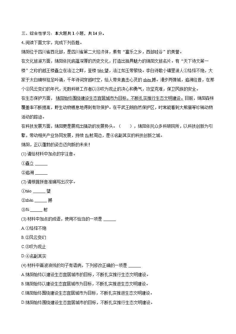 2024-2025学年四川省绵阳市八年级（下）期末语文试卷第2页