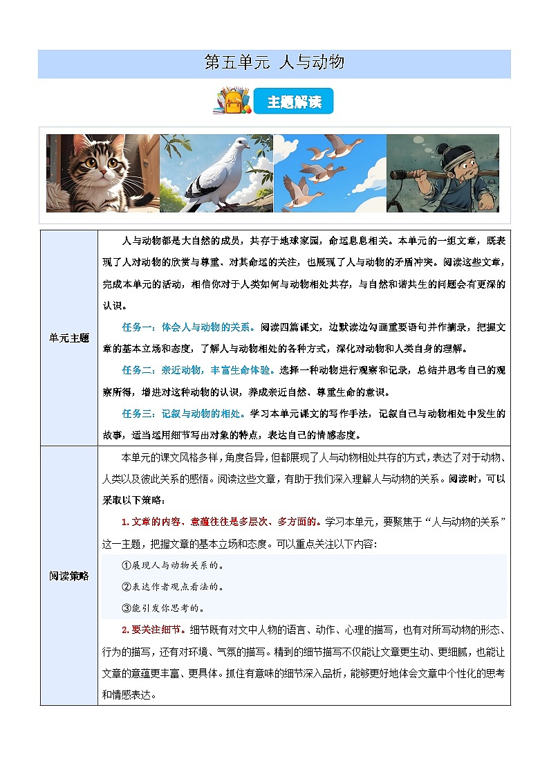 第五单元 人与动物主题阅读（讲义）（原卷版）第1页