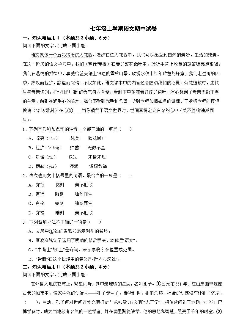 山东省日照市2025年七年级上学期语文期中试卷附答案第1页