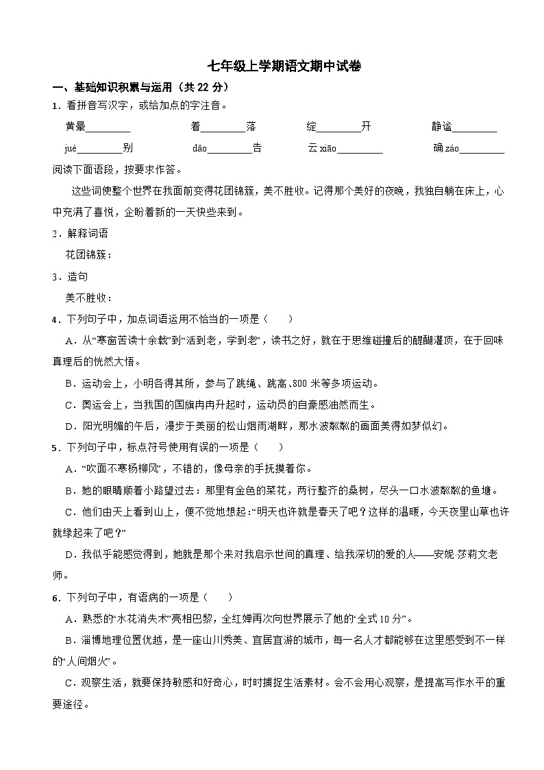 山东省淄博市临淄区2025年七年级上学期语文期中试卷附答案第1页