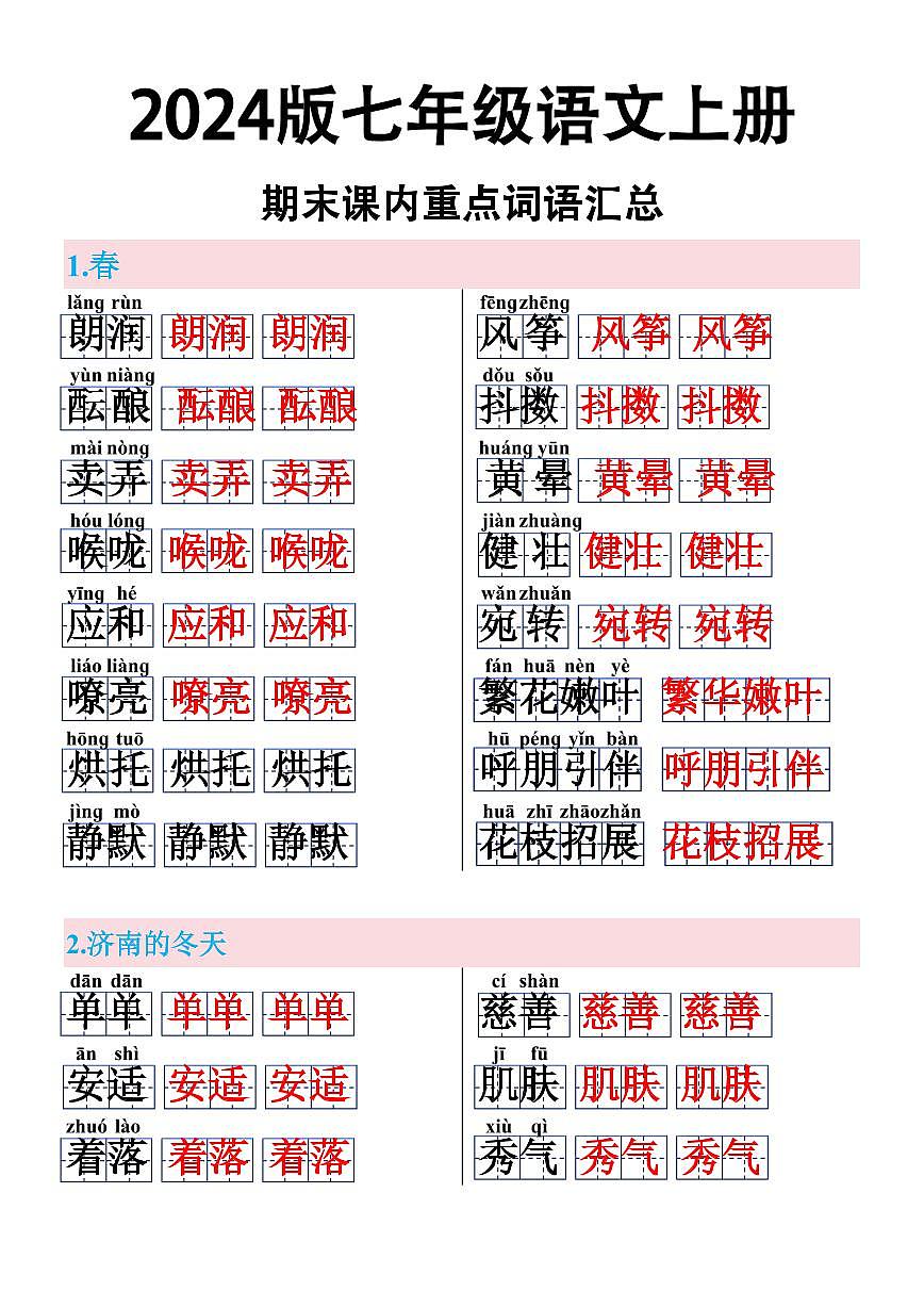 2024版人教版七年级上册语文期末课内重点知识点词语汇总第1页
