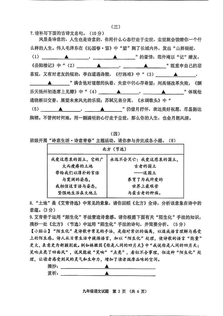 连云港市灌南县实验中学2025-2026学年度第一学期阶段性学业质量检测九年级语文试题第2页
