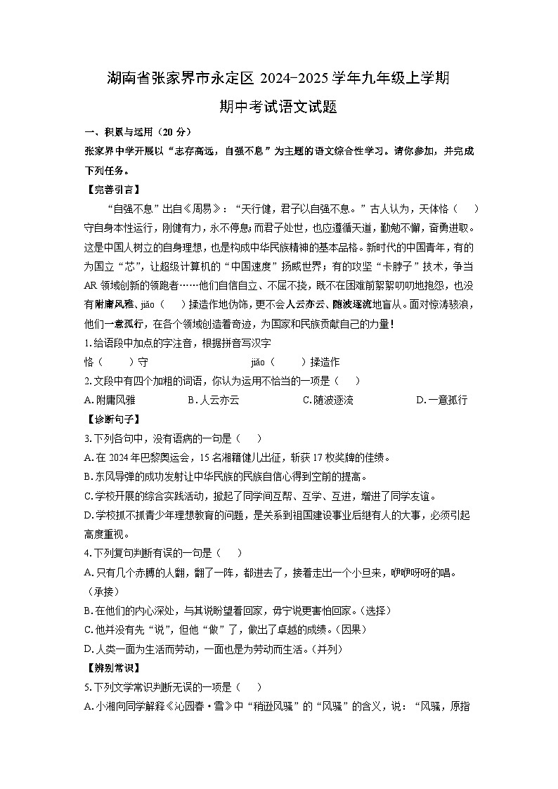 湖南省张家界市永定区2024-2025学年九年级上学期期中考试语文试卷（学生版）第1页