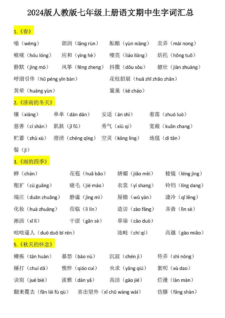2024版人教版七年级上册语文期中生字词知识点汇总第1页