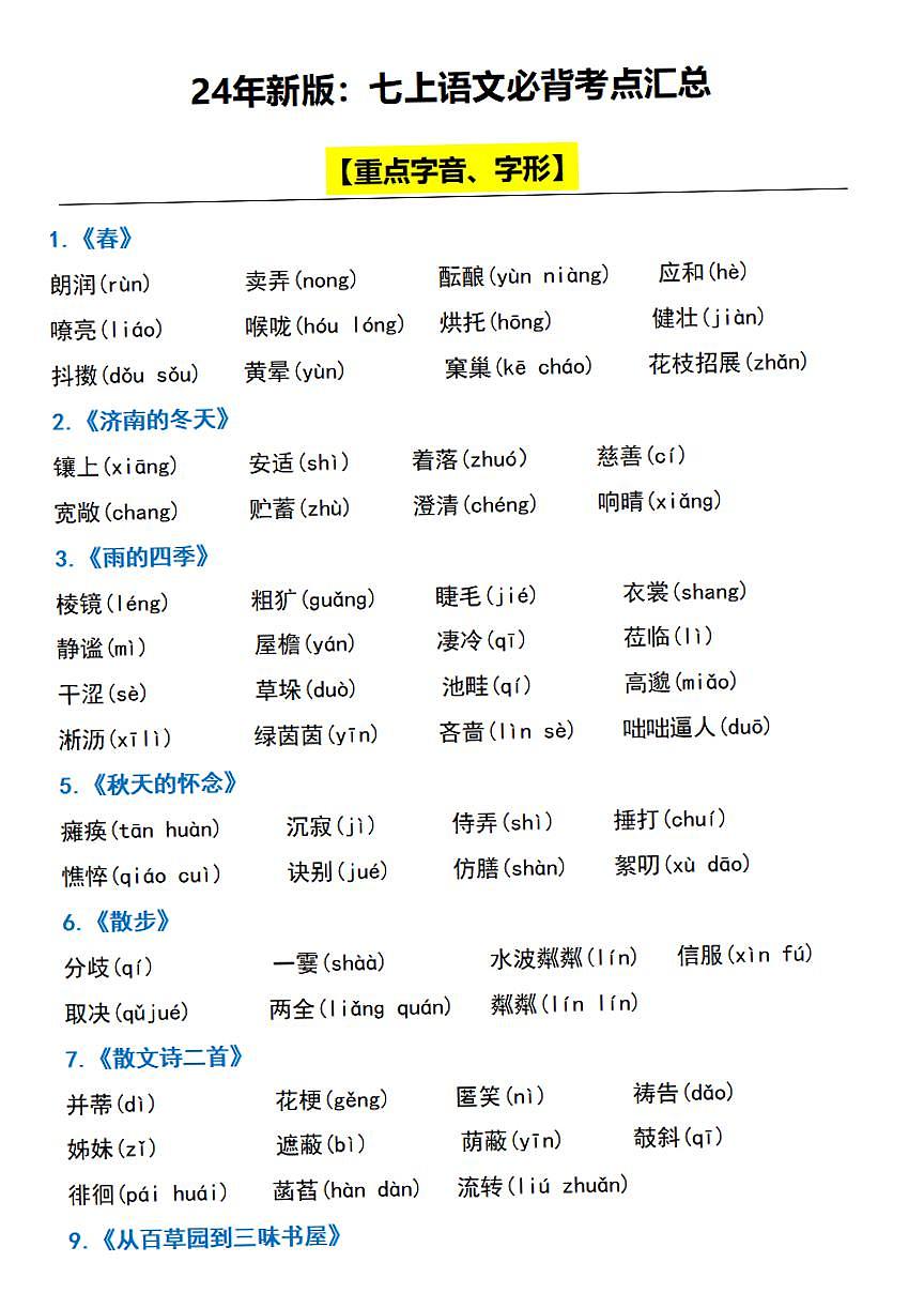 2024版人教版七上年级上册语文期末必背考点知识点汇总第1页