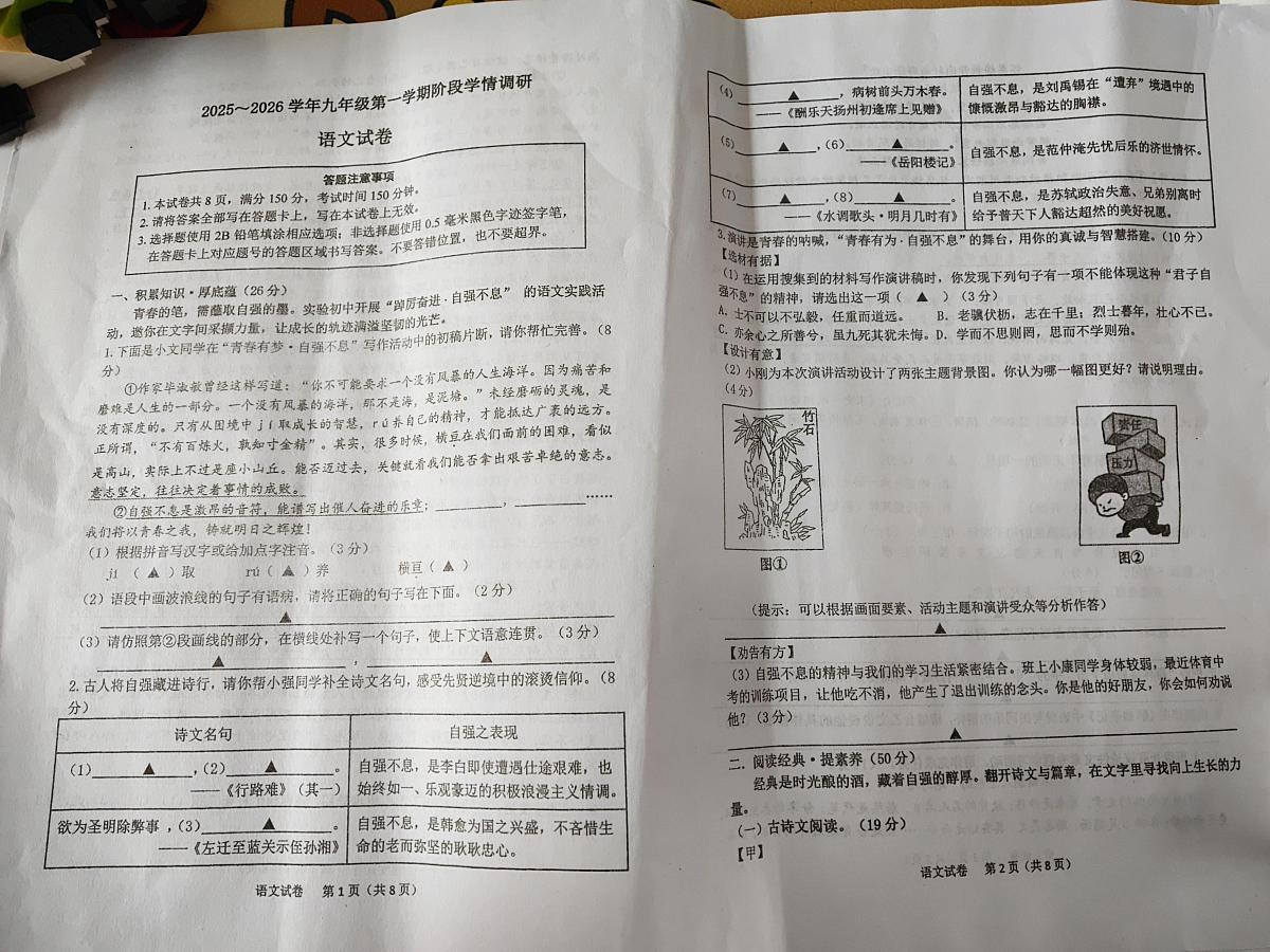 江苏省宿迁市泗阳县实验初级中学2025-2026学年九年级上学期10月月考语文试题第1页