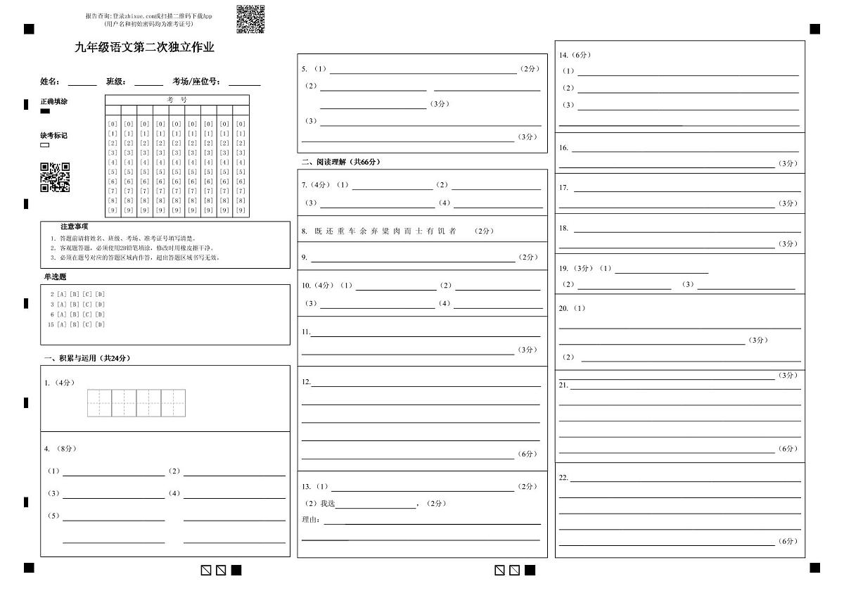 九年级语文第二次独立作业 (1)第1页