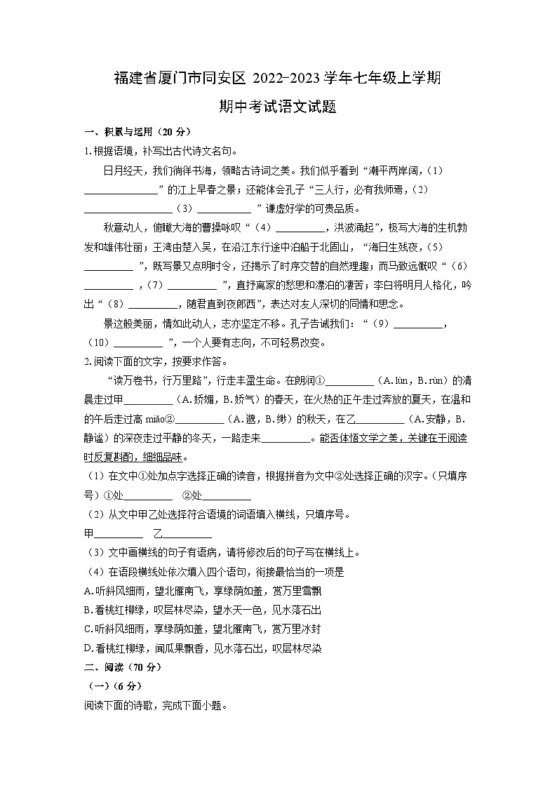 福建省厦门市同安区2022-2023学年七年级上学期期中语文语文试卷（学生版）第1页