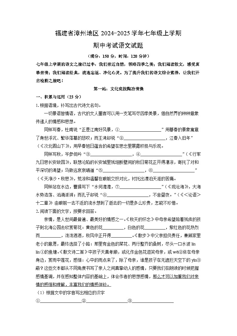 福建省漳州地区2024-2025学年七年级上学期期中语文语文试卷（学生版）第1页
