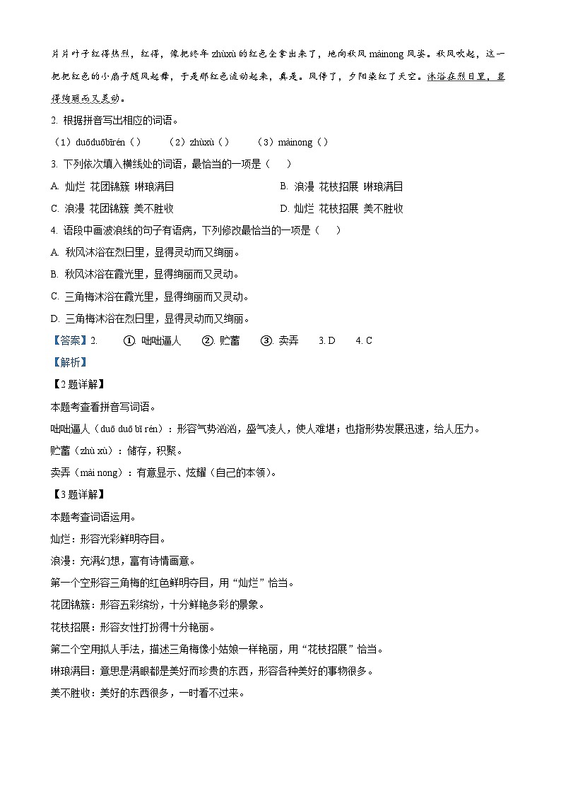 广东省江门市第二中学2025-2026学年七年级上学期第一次月考语文试题（含答案）（解析版）第2页