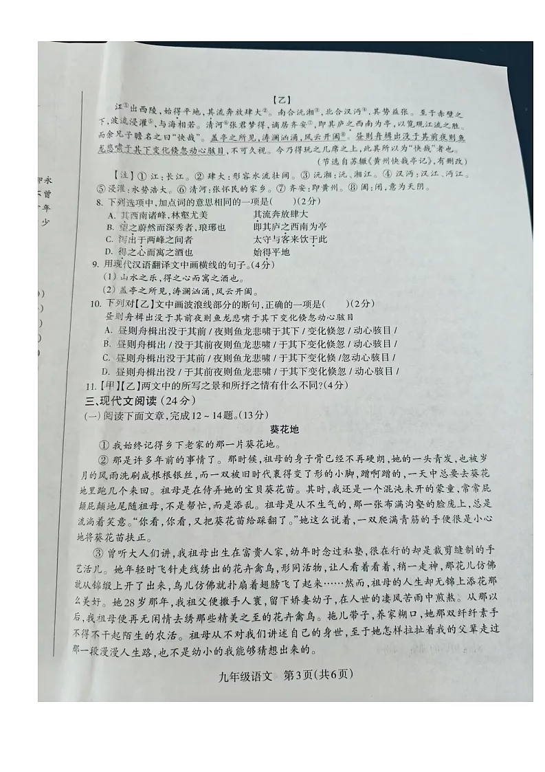 甘肃省兰州市红古区2025-2026学年九年级上学期10月期中语文试题第3页