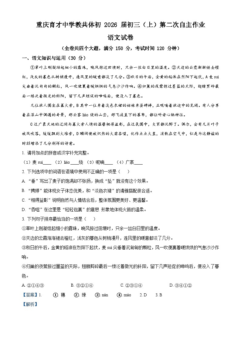 重庆市育才中学校教共体2025-2026学年九年级上学期第二次月考语文试题（含答案）（解析版）第1页