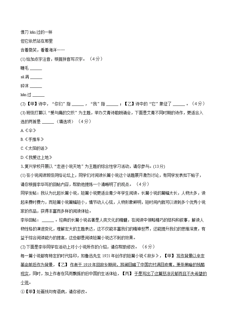 安徽省安庆市怀宁县部分学校联考2025-2026学年九年级上学期11月期中语文试题第2页