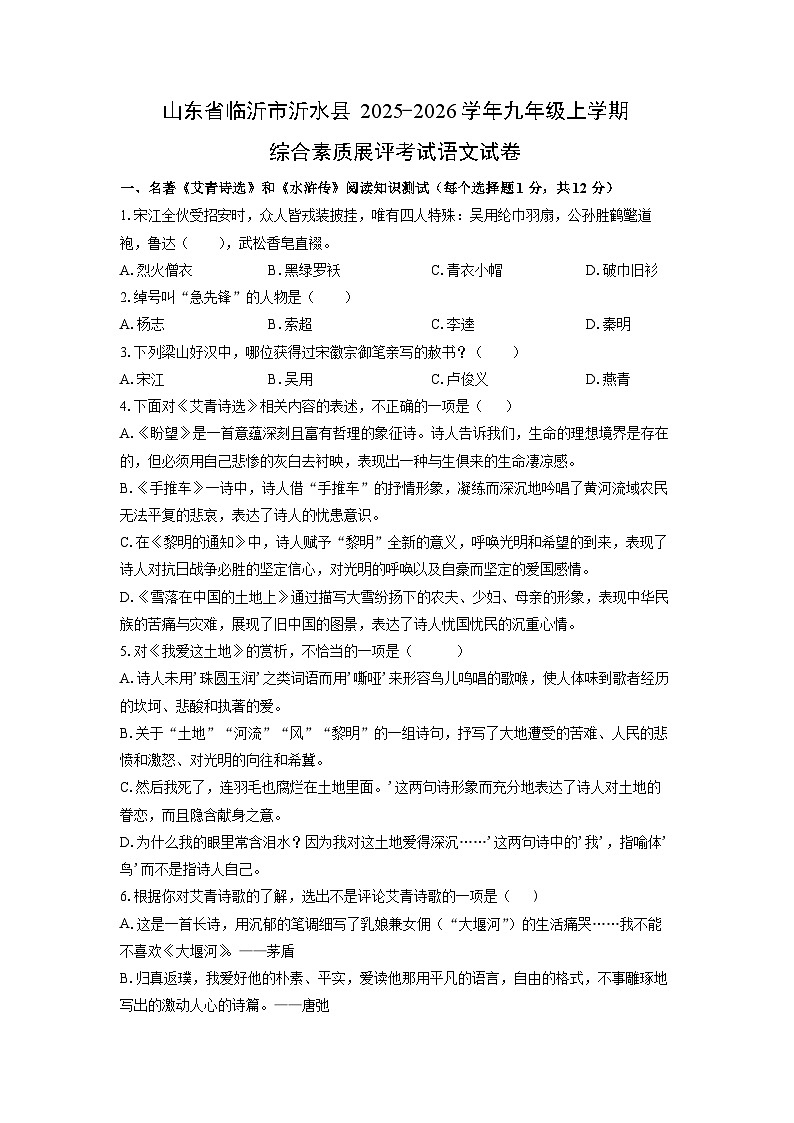 2025~2026学年山东省临沂市沂水县九年级（上）综合素质展评考试语文试题（学生版）第1页
