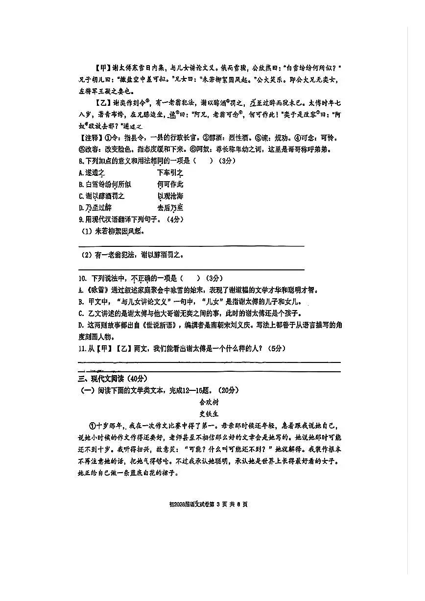 重庆市育才中学校2025—2026学年七年级上学期10月月考语文试题第3页