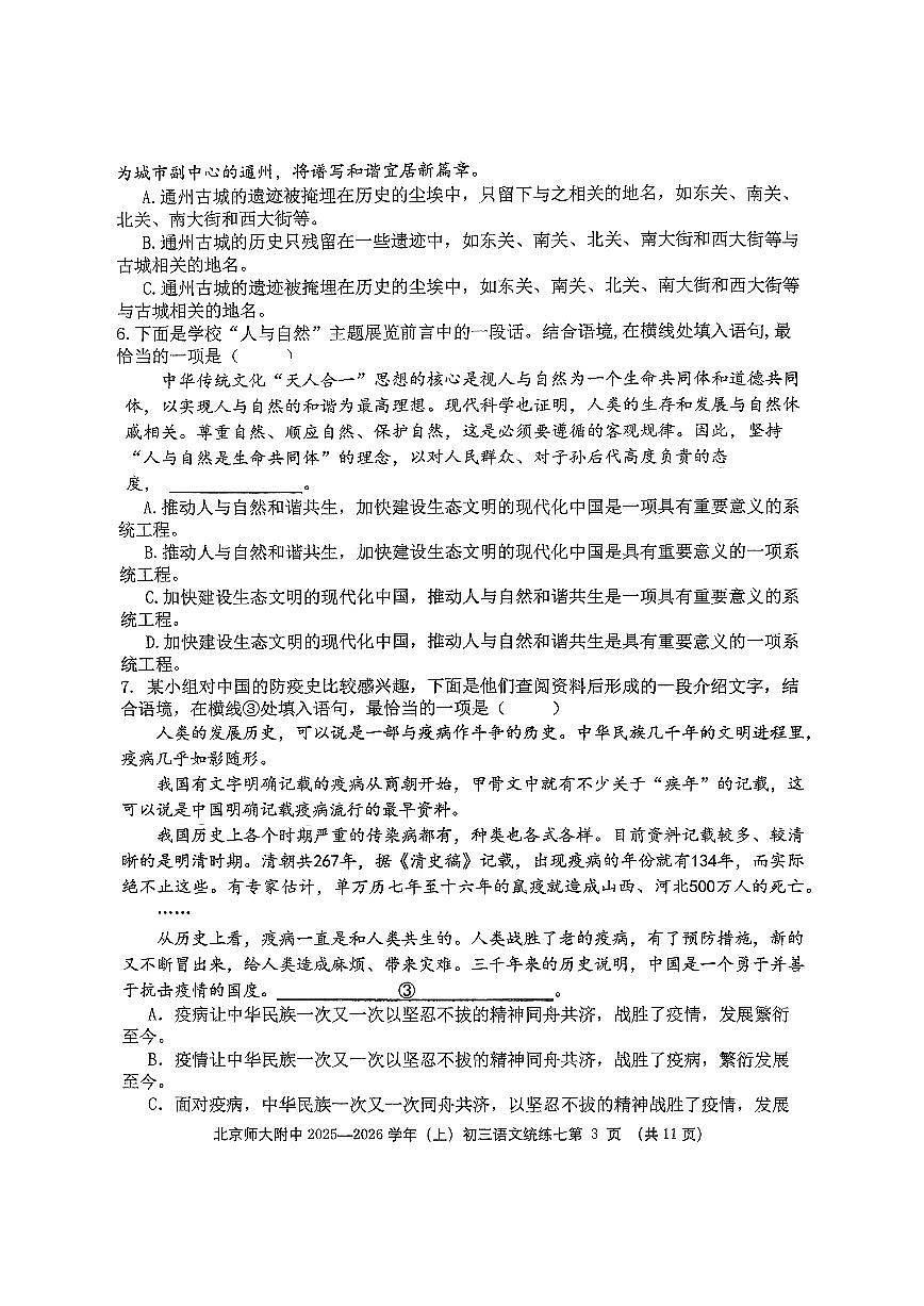 北京师范大学附属中学2025-2026学年九年级上学期统练七语文试题（月考）第3页