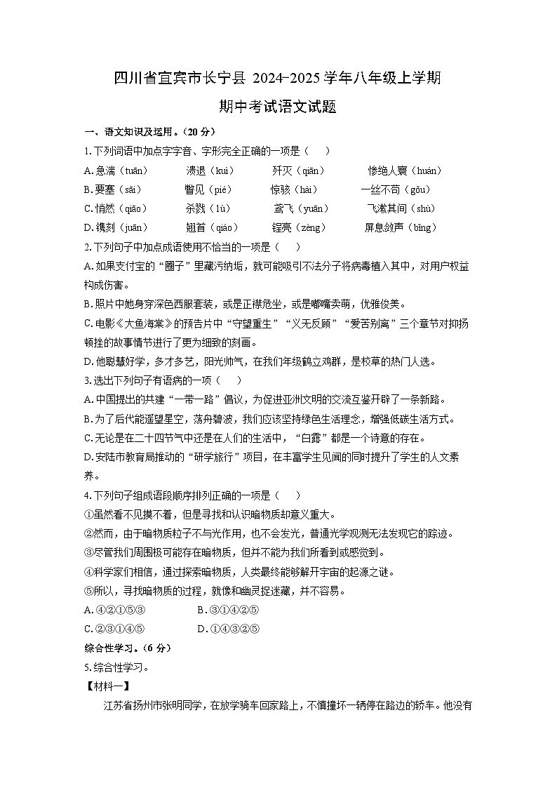 2024~2025学年四川省宜宾市长宁县八年级（上）期中考试语文试题（学生版）第1页