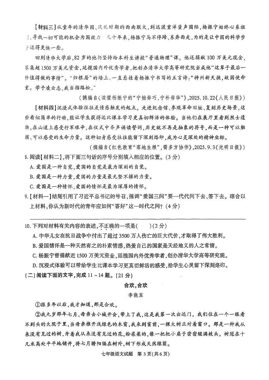 陕西省咸阳市乾县峰阳初级中学2025-2026学年九年级上学期期中质量监测语文试题第3页