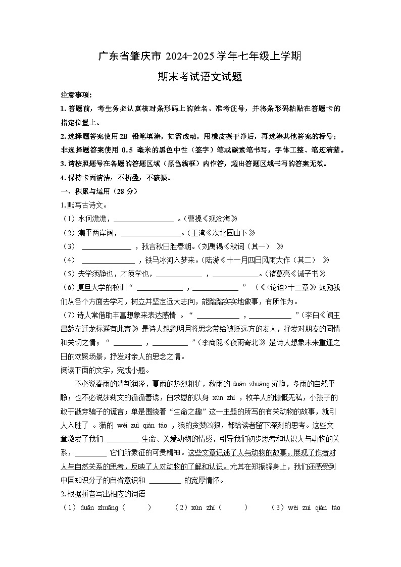2024~2025学年广东省肇庆市七年级（上）期末语文 语文试题（学生版）第1页
