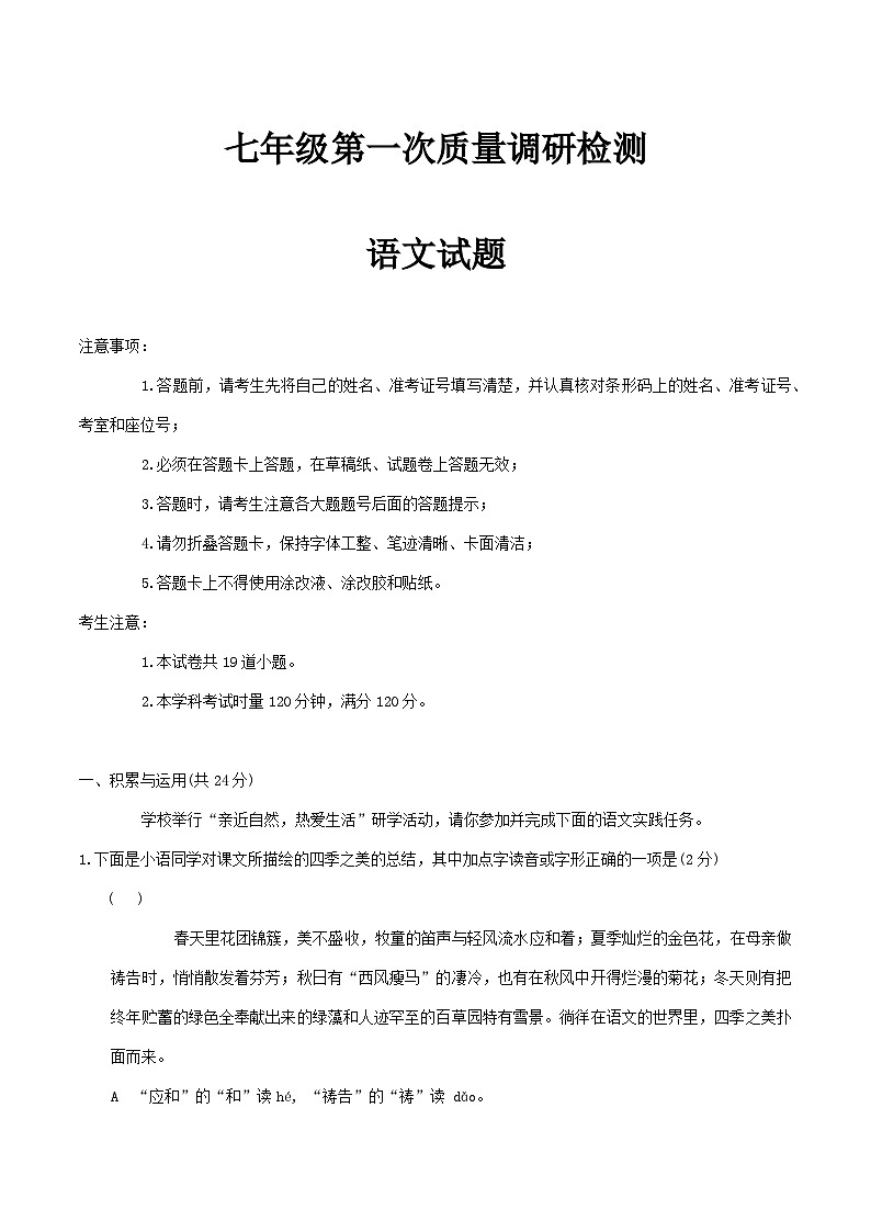 湖南省长沙市湖南师大附中教育集团2024-2025学年七年级上学期期中考试语文试题第1页